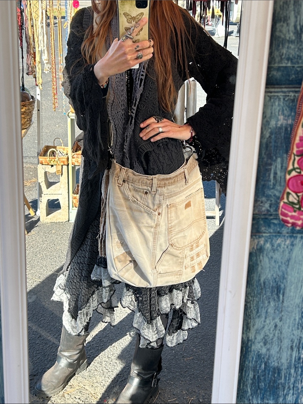 Upcycled denim canvas crossbody patched utility jean bag purse with tassels